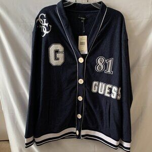GUESS Noele Boucle Varsity Cardigan in Daring Ocean Sz LARGE